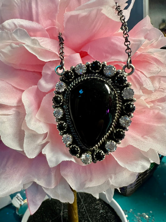 Shiny Black Onyx Teardrop & CZ Crystal Necklace