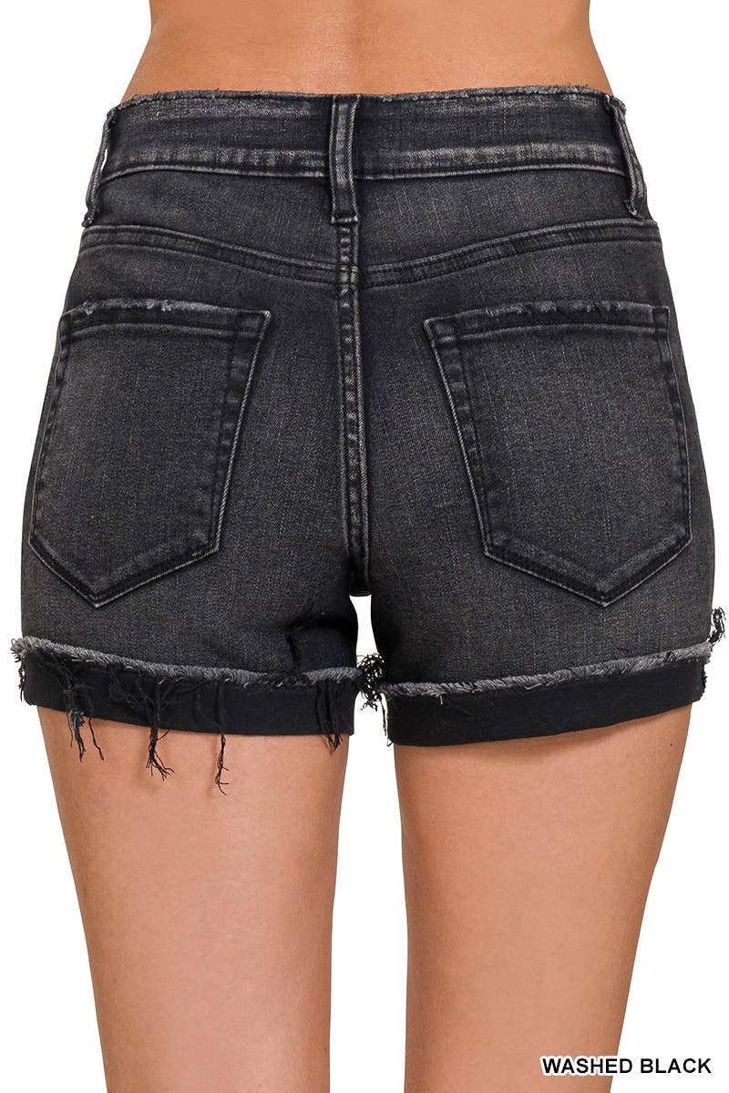 Edgy Washed Black Cuffed Raw Hem Denim Shorts