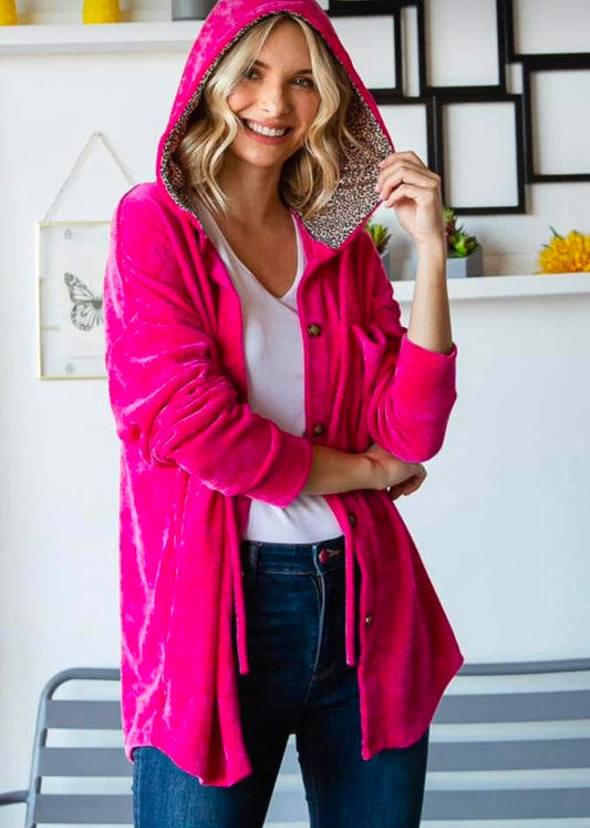 Hot Pink Leopard Lined Button-Up Hoodie – Cozy and Stylish Casualwear | QB Customs