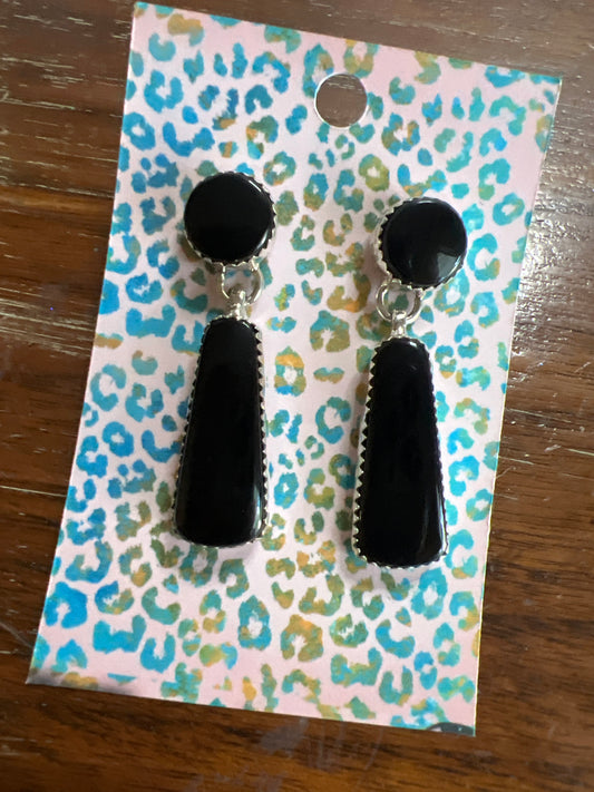 Dangle Two Stone Black Onyx Drop Ears