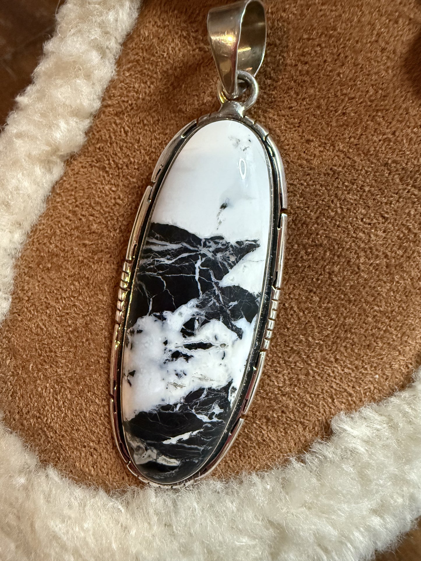 White Buffalo Oval Pendant Sterling Silver