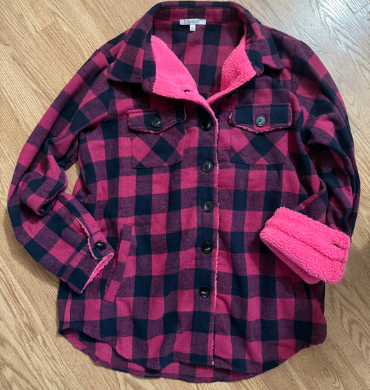 Pink Navy Plaid Buffalo Sherpa Lined Shacket-Cozy