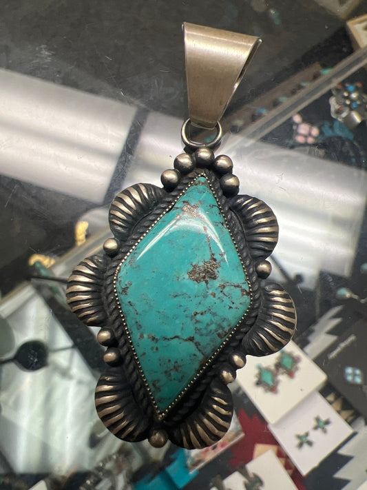 Handmade Unique Diamond Shape Natural Turquoise Sterling Pendant