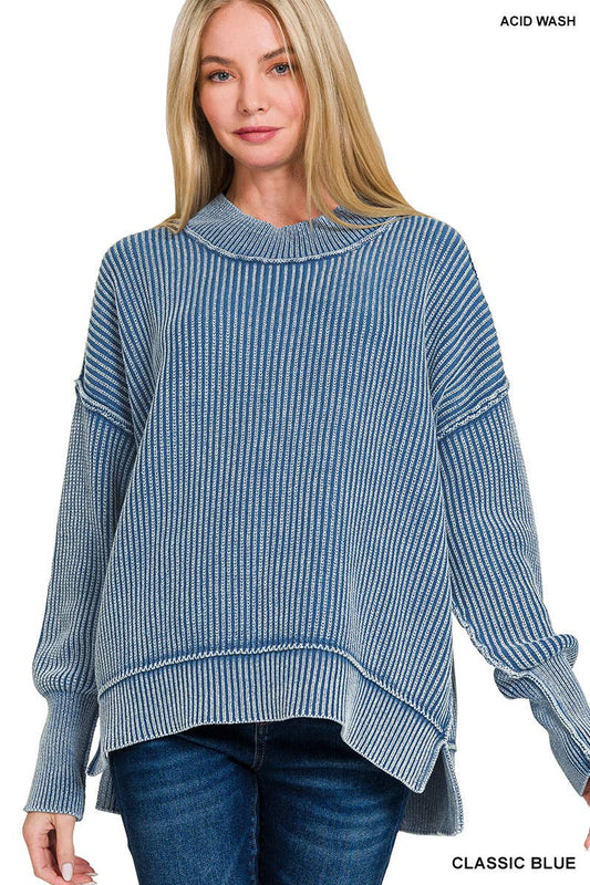 Washed Side Slit Oversized Hi-low Sweater in Blue