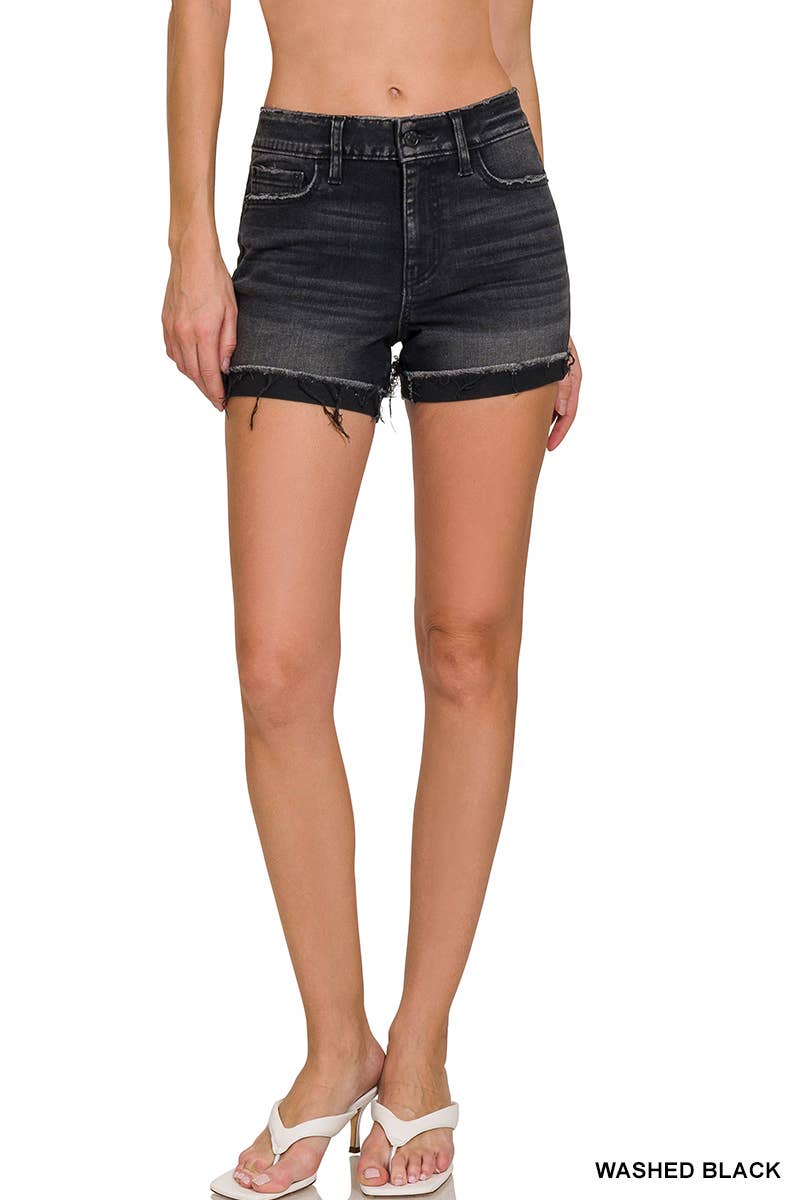 Edgy Washed Black Cuffed Raw Hem Denim Shorts