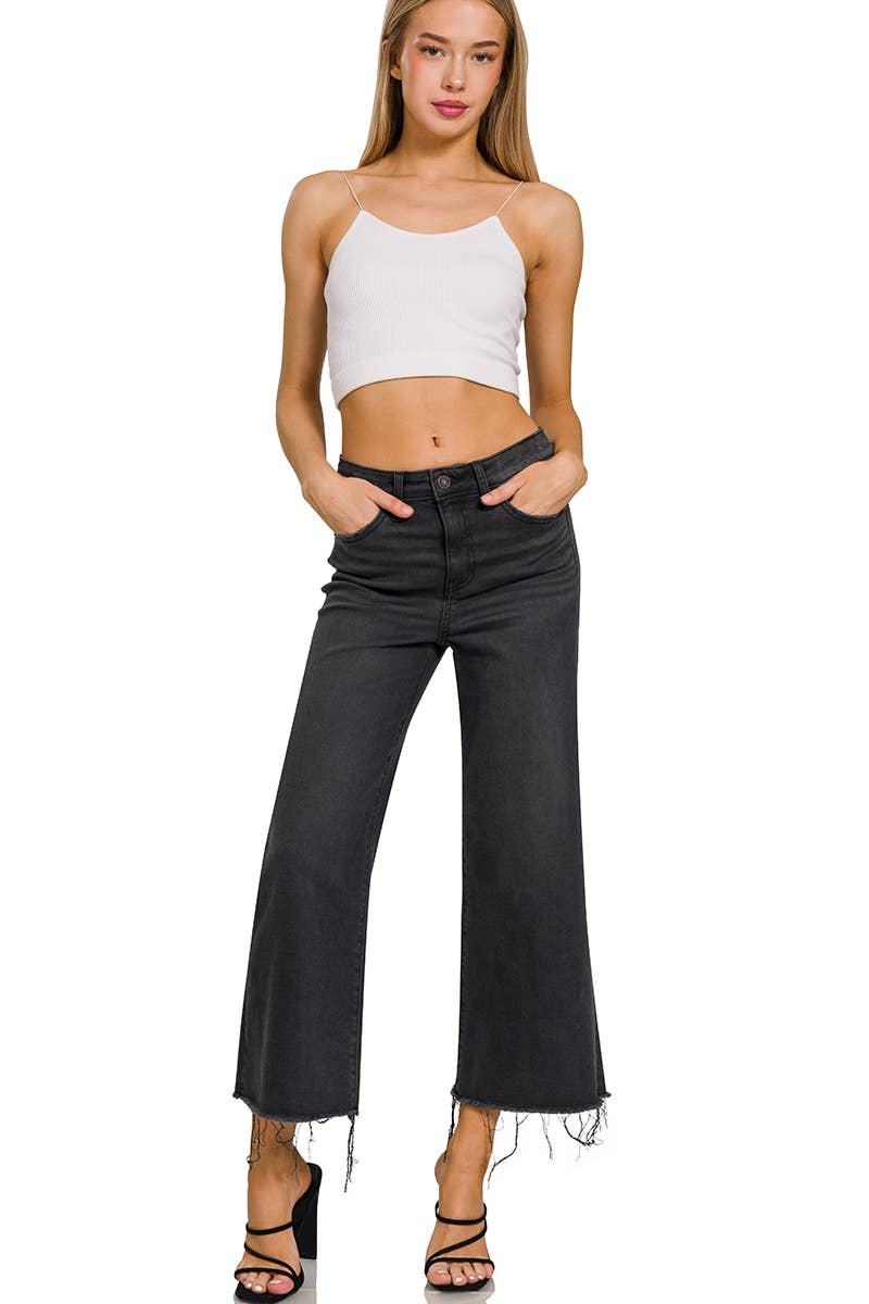 High-Rise Washed Black Cropped Jeans – Chic & Versatile Denim