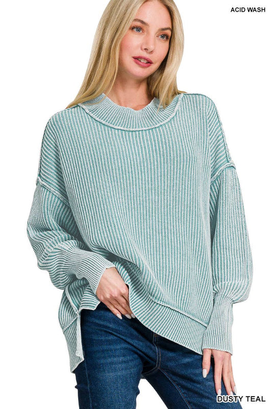 Washed Side Slit Oversized Hi-low Sweater in Teal