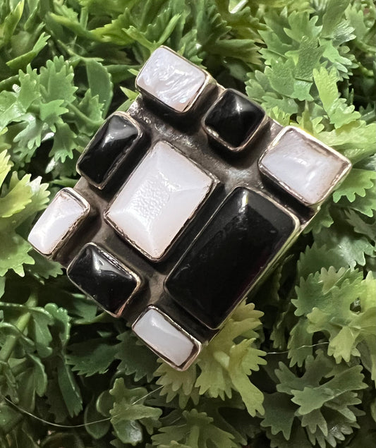 Mosaic Tile Black Onyx Mother of Pearl Sterling Silver Ring