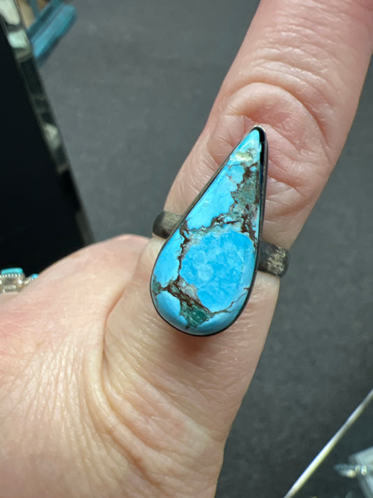 Apache Blue Turquoise Teardrop Sterling Silver Handmade Ring