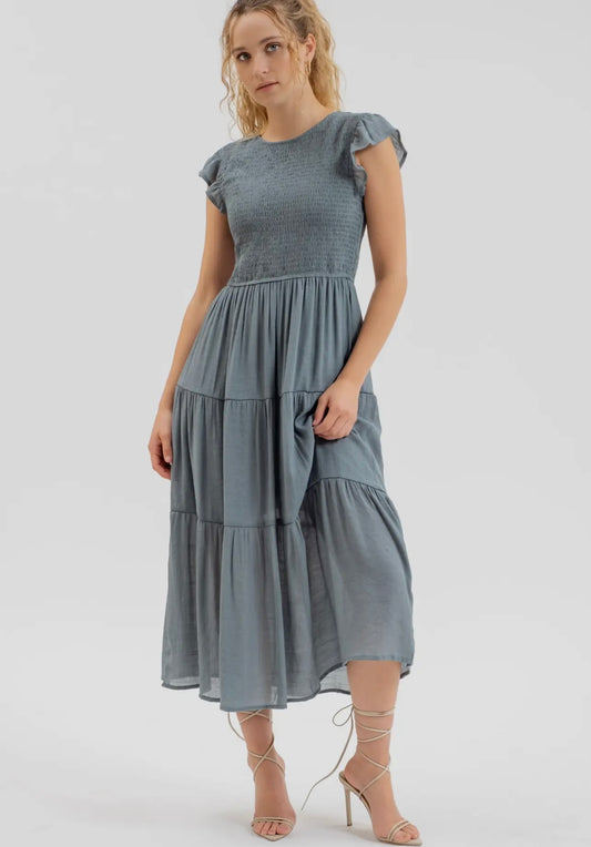 SMOCKED TIERED MIDI DRESS