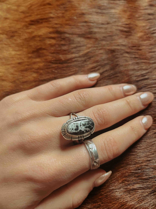 Oval Petite White Buffalo Sterling Silver Ring | QB Customs