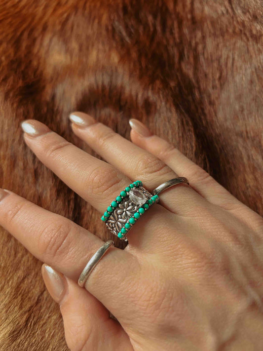 Floral Stamped Band – CZ & Turquoise Ring in Sterling Silver