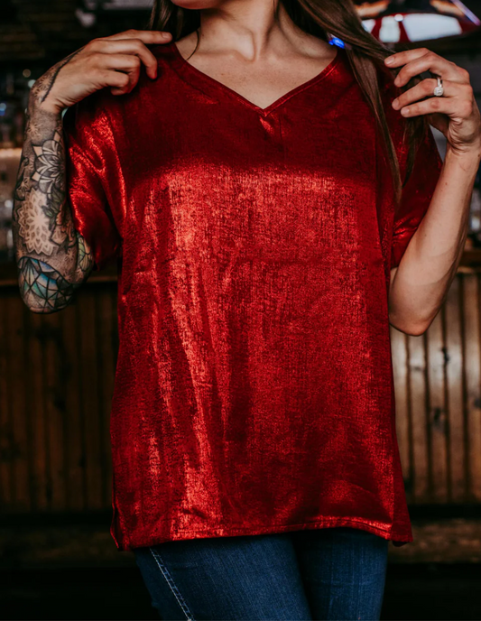 Red Metallic Blouse Christmas Holiday Cheers