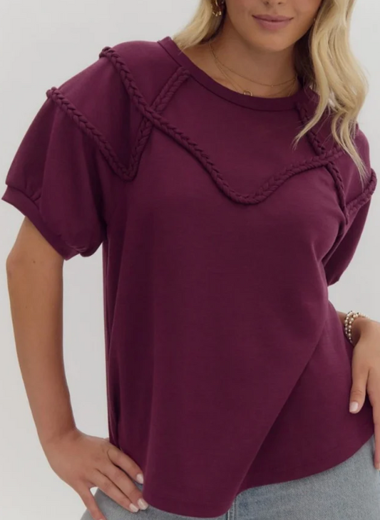 Wine Braided Cord Puff Sleeve Knit Top