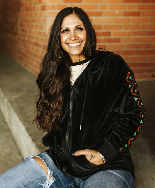 Midnight Trail Black Aztec Boho Zip Hoodie